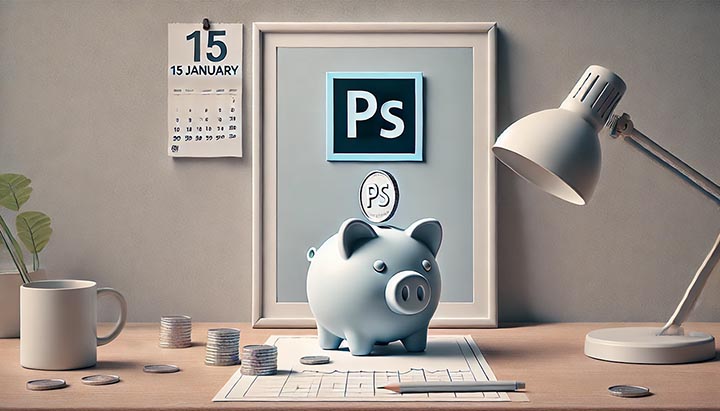 Un'illustrazione digitale umoristica e sobria con un salvadanaio con le iniziali di Photoshop su una superficie mini
